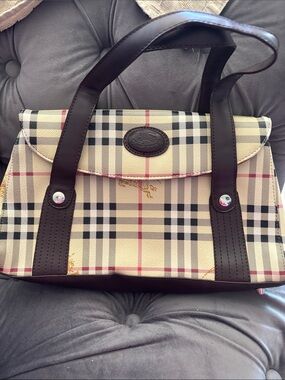 Plaid Canvas Satchel Handbag with Dark Brown Trim